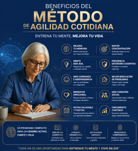 Adulta mayor sonriente junto a un cerebro